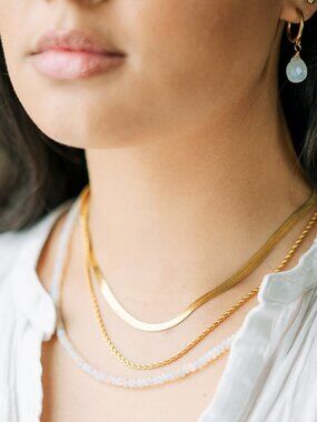Layered Double Chain Gold Necklace Herringbone & Rope Chain Waterproof!